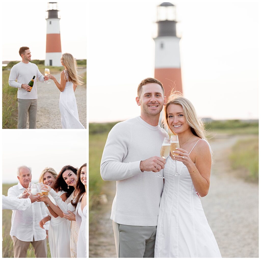 Nantucket Proposal and Engagement pictures being taken in the warm July summer sun during sunset golden hour, with a girl holding a champagne glass wearing a white dress. Man and woman doing a cheers and family happy watching nearby.