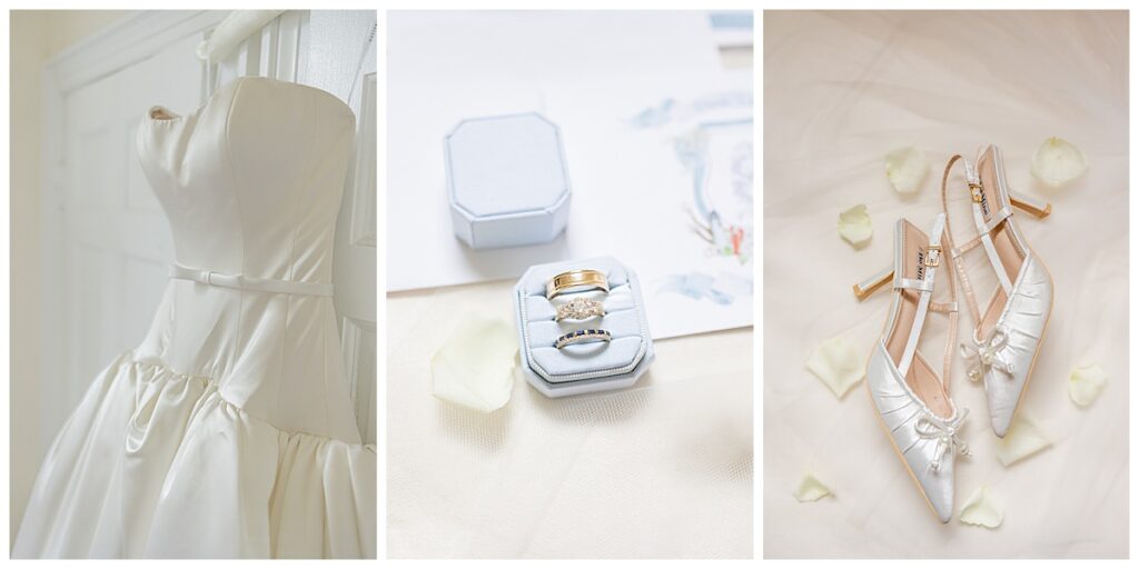 Bridal details including a wedding dress, high heels, and all 3 rings for a Chatham, Cape Cod wedding.