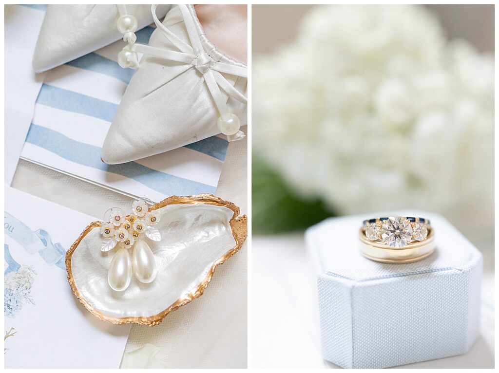 Wedding rings in a flat lay of bridal details for a Chatham, Cape Cod wedding.