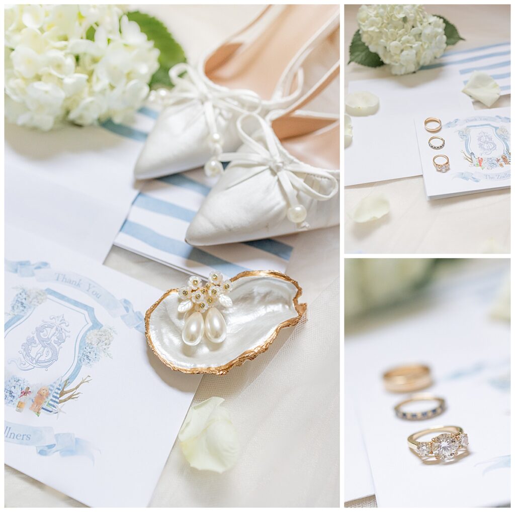 Bridal details at a Chatham, Cape Cod wedding, including an invitation suite, seashell ring dish and wedding high heels.