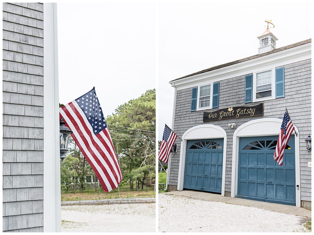 American flag hanging on the side of a house names The Great Gatsby, in Chatham, Cape Cod massachusetts on a summer wedding day.