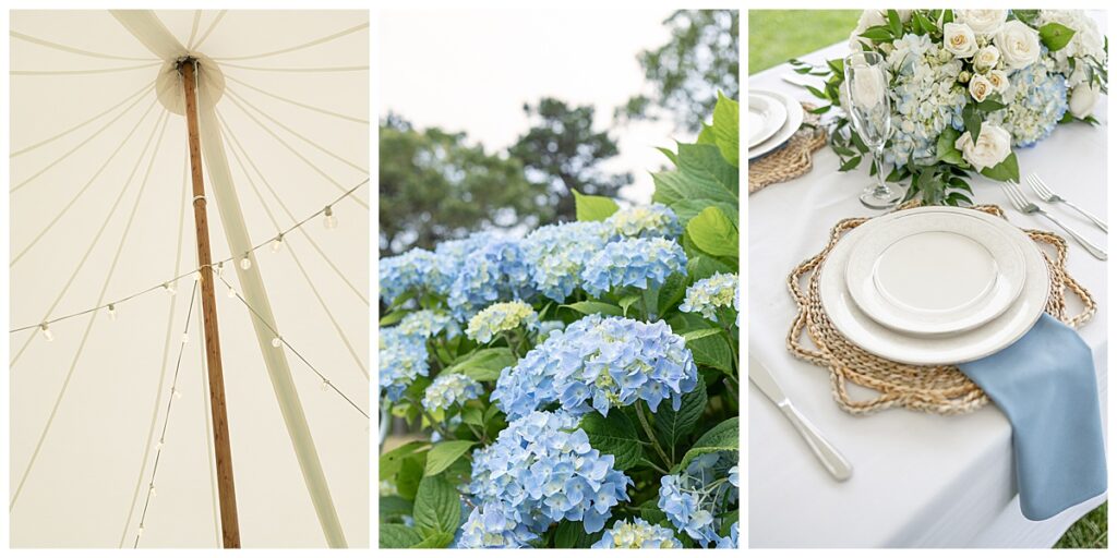 Wedding details at a Chatham, Cape Cod wedding, including string lights under a tent, blue hydrangeas, and wicker table settings.