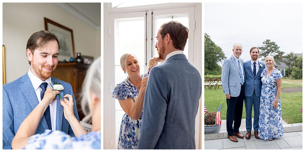 Mother pins boutonniere to her son, the groom, at his Chatham, Cape Cod wedding.