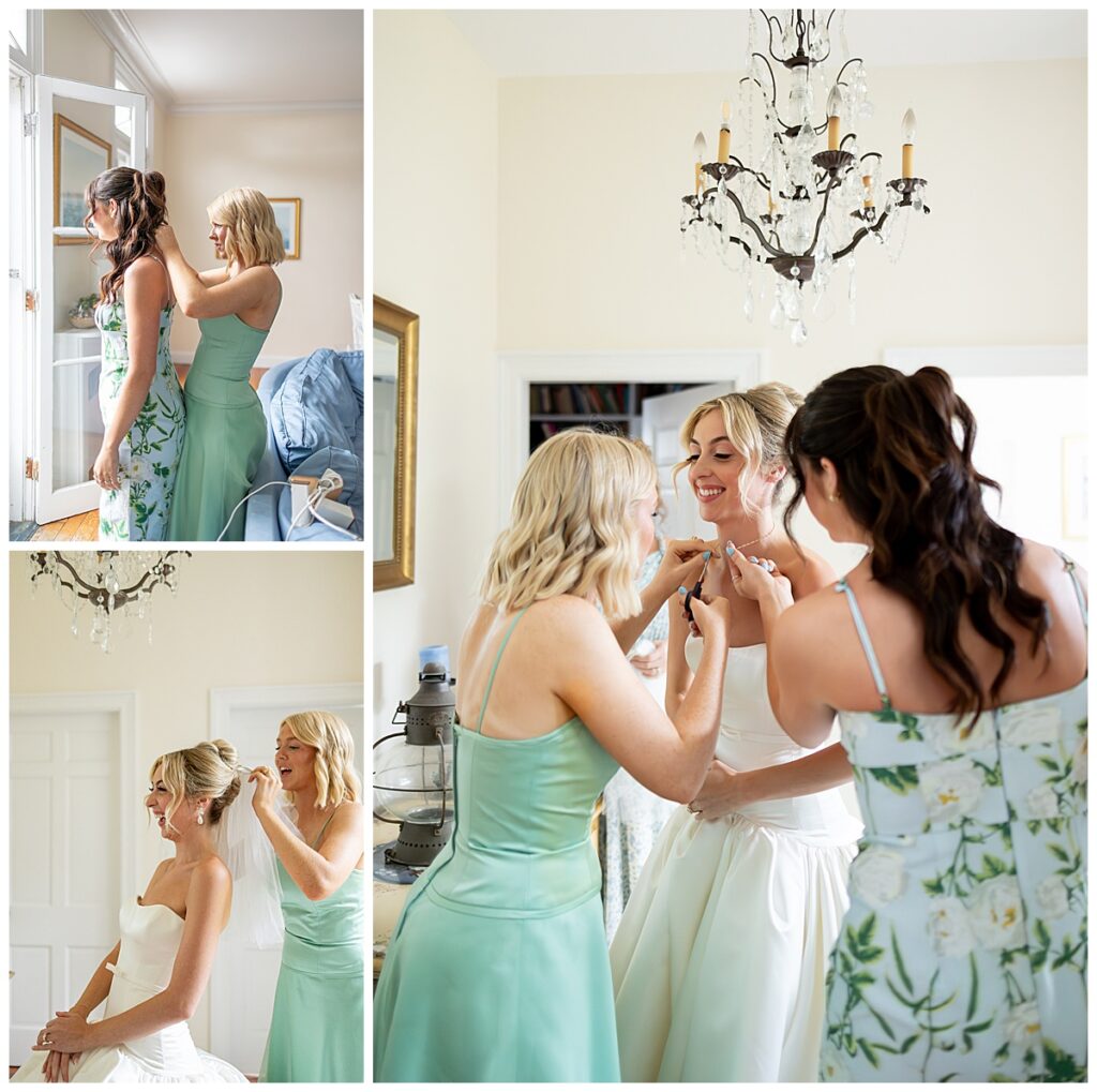 Bridesmaids help bride put on finishing jewelry touches at her Chatham, Cape Cod wedding.