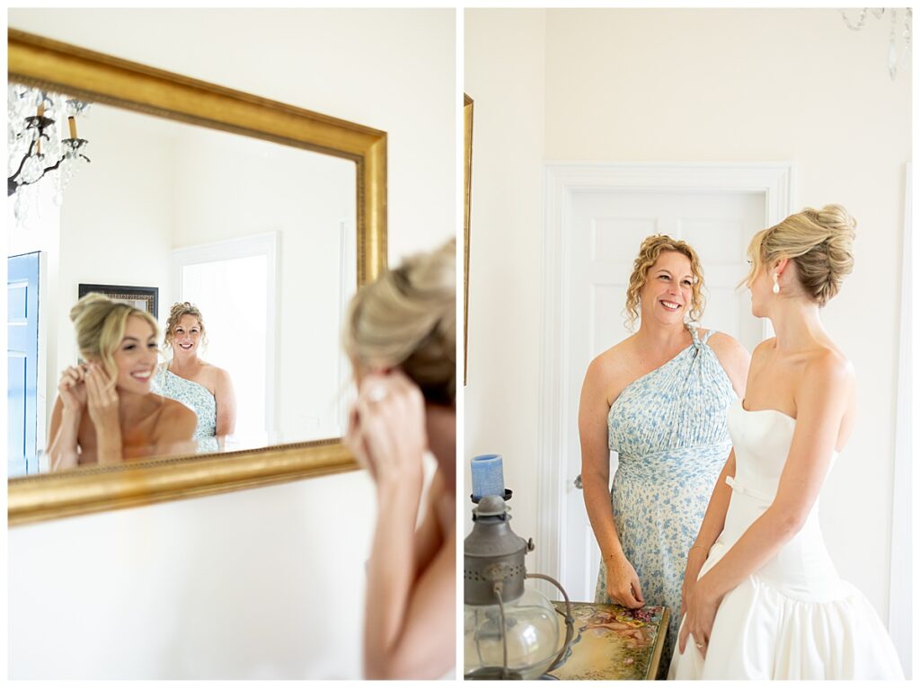 Mother lovingly looks at her daughter and smiles as she gets ready at her Chatham, Cape Cod wedding.