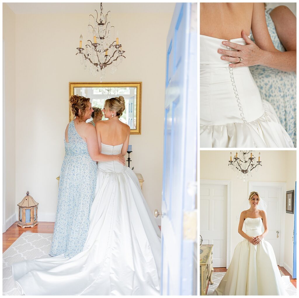 Mother of the Bride looking lovingly at her daughter at her Chatham, Cape Cod wedding while getting ready for the wedding ceremony.