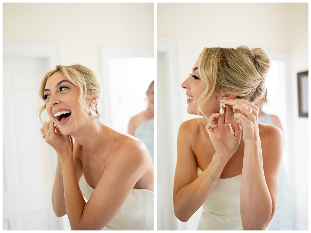 Bride looks into the mirror and puts on earrings at her Chatham, Cape Cod wedding.