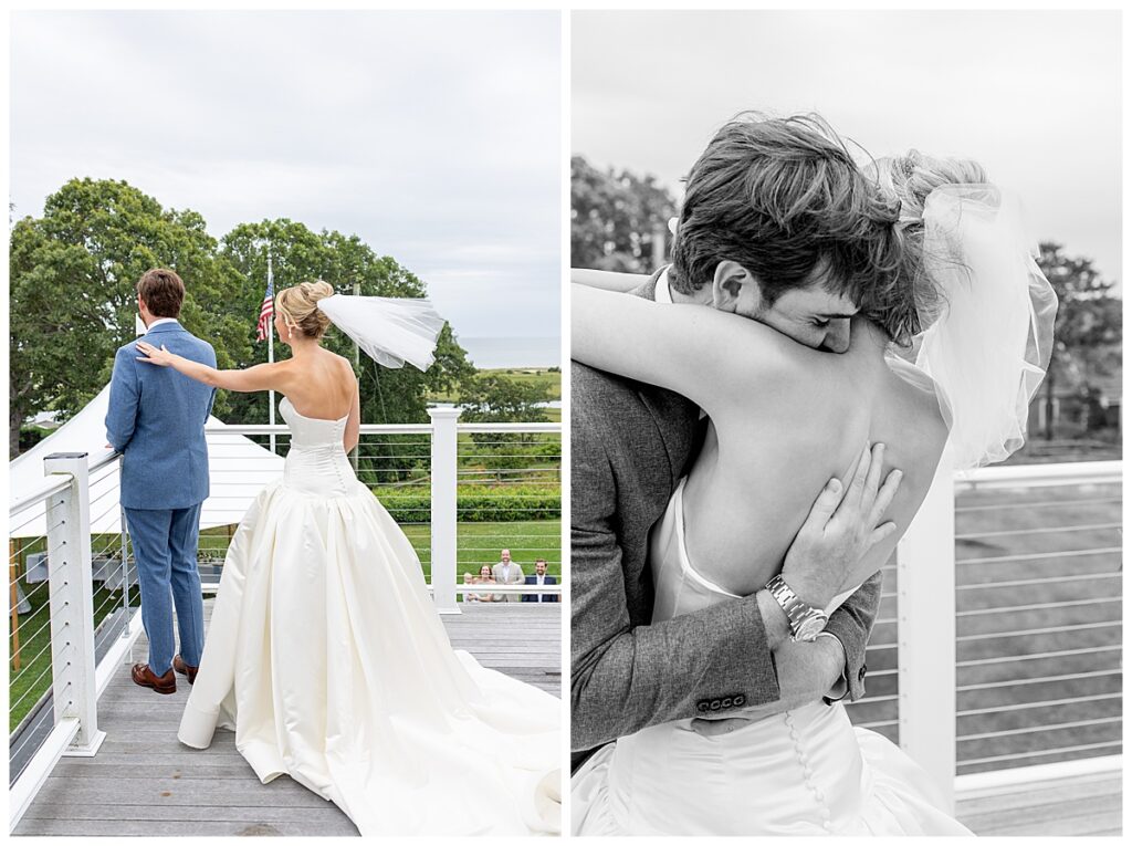FIrst look on the upper terrace of a home for a bride and groom at their Chatham, Cape Cod wedding.