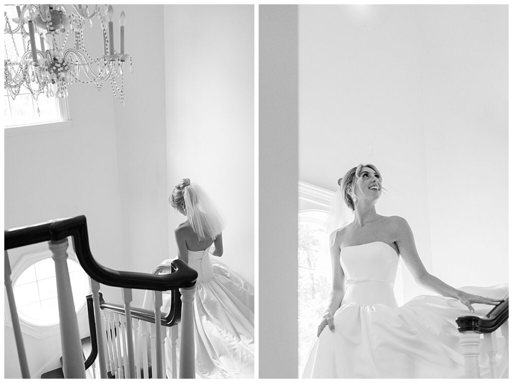 Black and White images of a bride descending the stairwell at her Chatham, Cape Cod wedding.