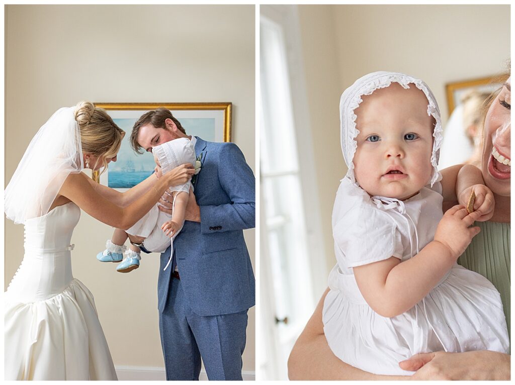 Bride fixes ruffle hat on her baby flower girl at her Chatham, Cape Cod wedding.