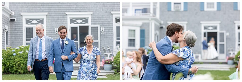 Father and Mother walk son down the aisle at his Chatham, Cape Cod wedding.