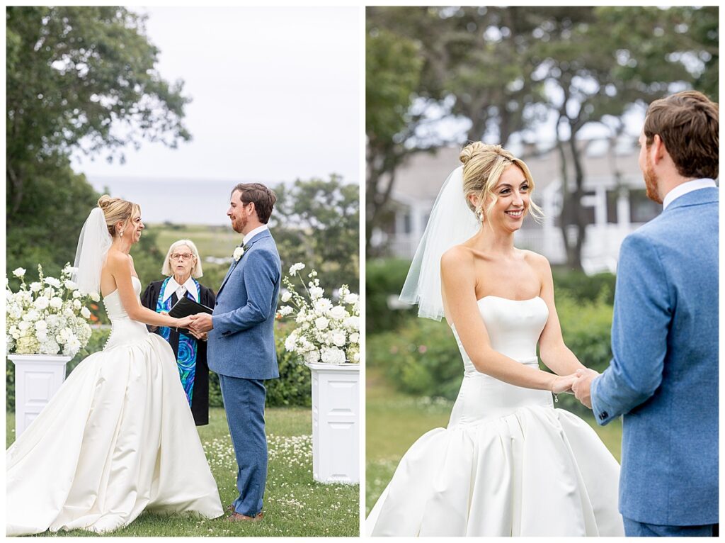 Bride and Groom smile during vows at their Chatham, Cape Cod wedding.