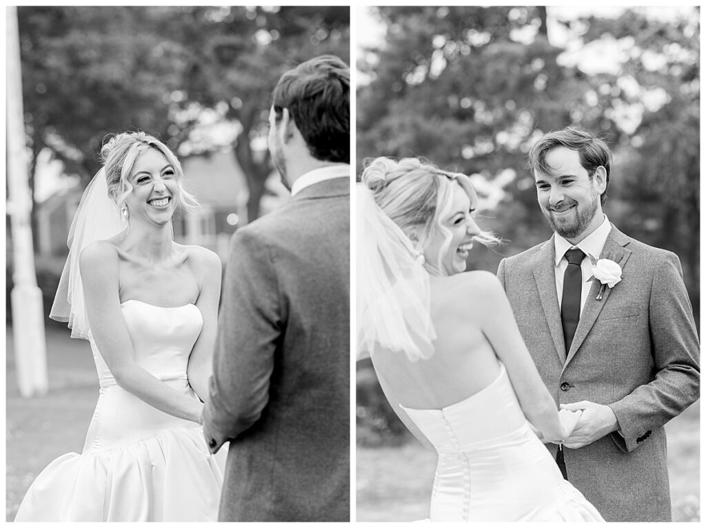 Black and White images of a bride and groom at their Chatham, Cape Cod wedding during vows.