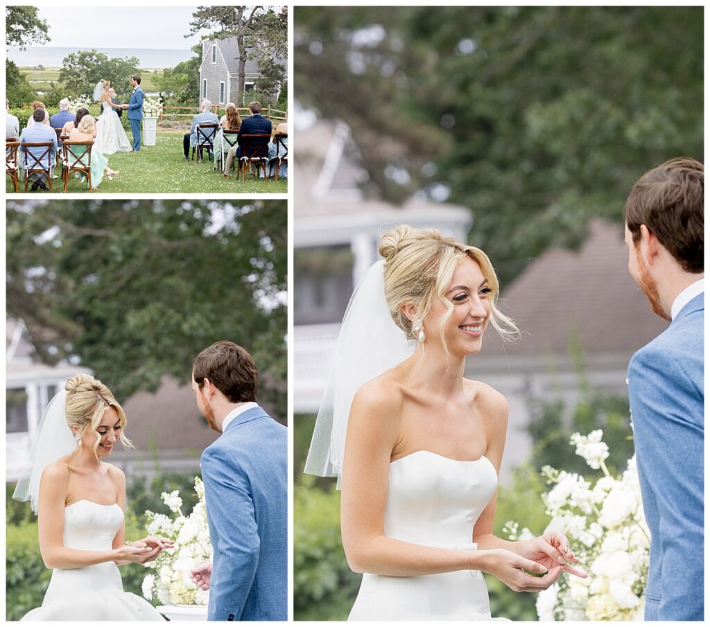Bride smiles at her groom at her Chatham, Cape Cod wedding while exchanging wedding rings.