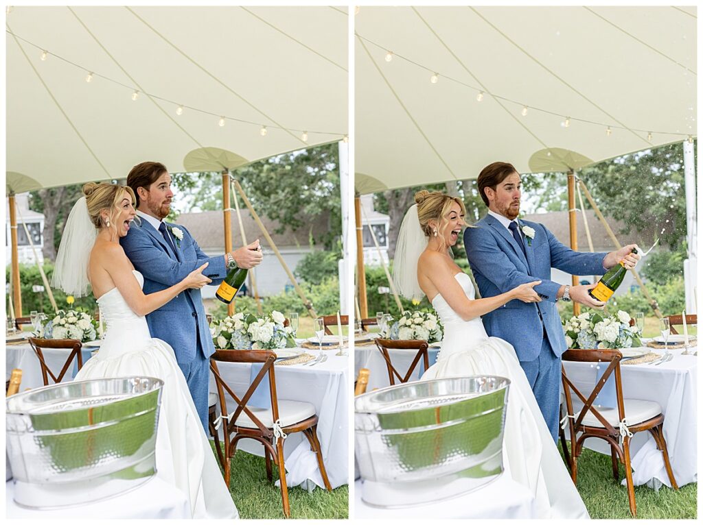 Bride and Groom pop a bottle of Champagne under a tent with string lights at their Chatham, Cape Cod wedding.