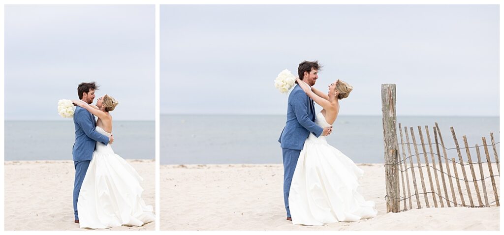 Bride and Groom laugh and embrace on the beach at their Chatham, Cape Cod wedding.