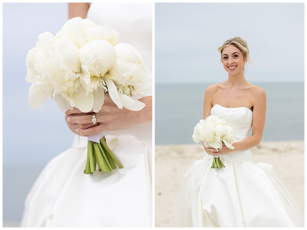 White peony bouquet on the beach at a Chatham, Cape Cod wedding.