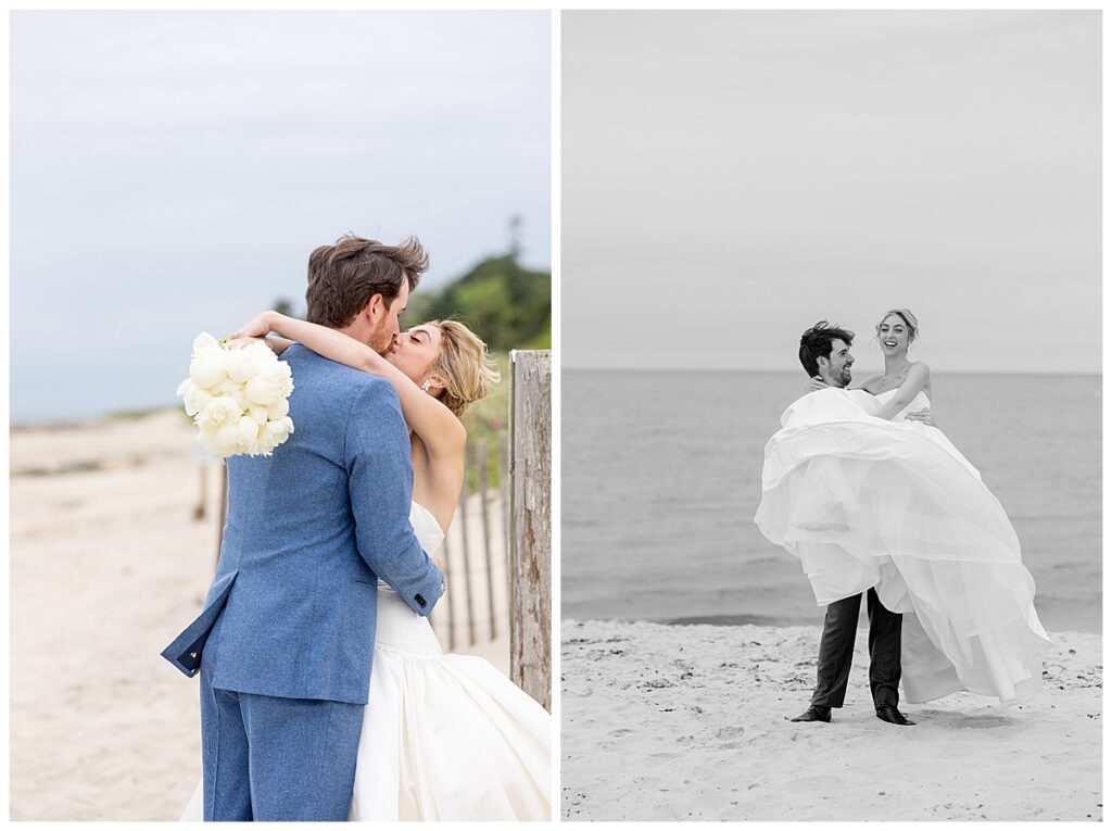 Bride and Groom play on the beach as he picks her up and tosses her around and kisses her at their Chatham, Cape Cod wedding.
