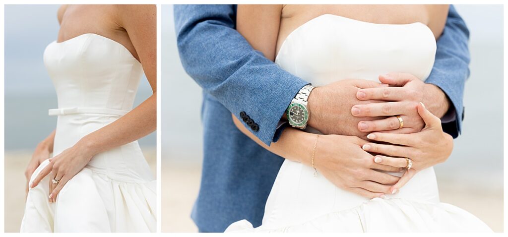 Bride and Groom details on the beach at their Chatham, Cape Cod wedding.