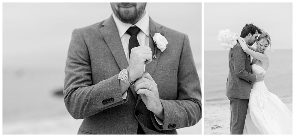 Groom adjusts his watch on the beach at his Chatham, Cape Cod wedding.