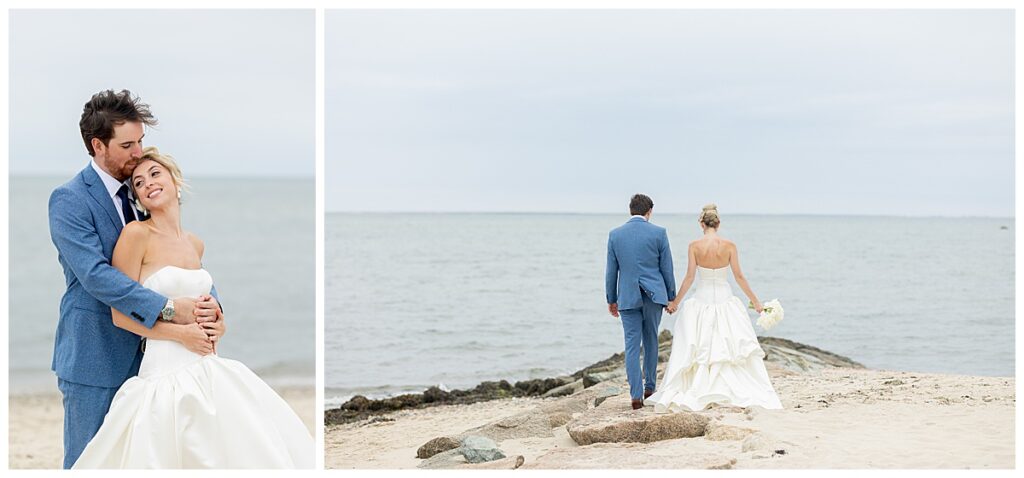 Groom hugs his bride on the beach at their Chatham, Cape Cod wedding.