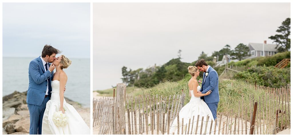 Bride and Groom touch foreheads and share a kiss on the beach at their Chatham, Cape Cod wedding.