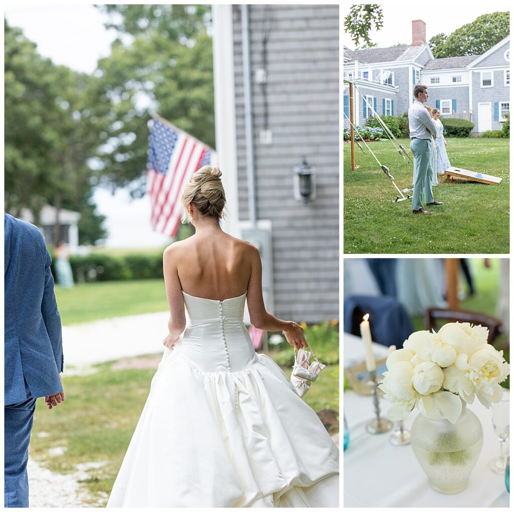 Bride walks back from the beach in her wedding dress holding her wedding shoes, while guests enjoy reception games and enjoy the beautiful blooms.