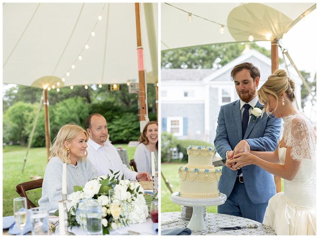 Guests watch and smile at the bride and groom as they cut their wedding cake in Chatham, Cape Cod, Massachusetts.