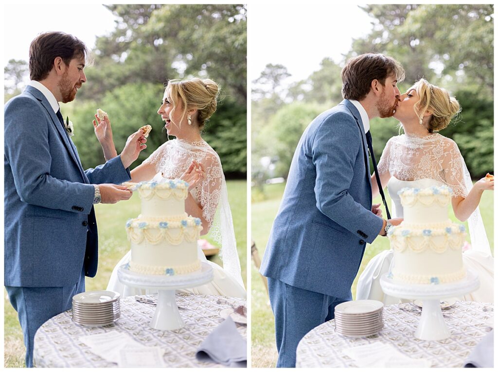 Bride and Groom cut their wedding cake and share a kiss at their Chatham, Cape Cod, Massachusetts wedding.