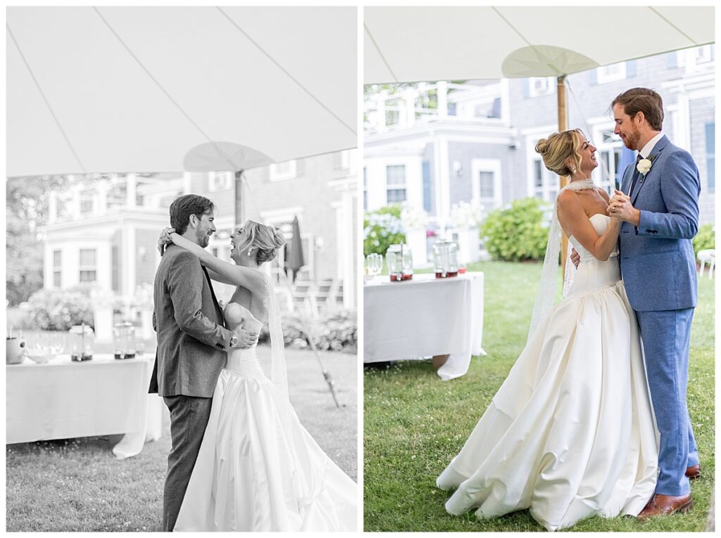 Bride and Groom smile and laugh under a tent with string lights at their wedding in Chatham, Cape Cod, Massachusetts.
