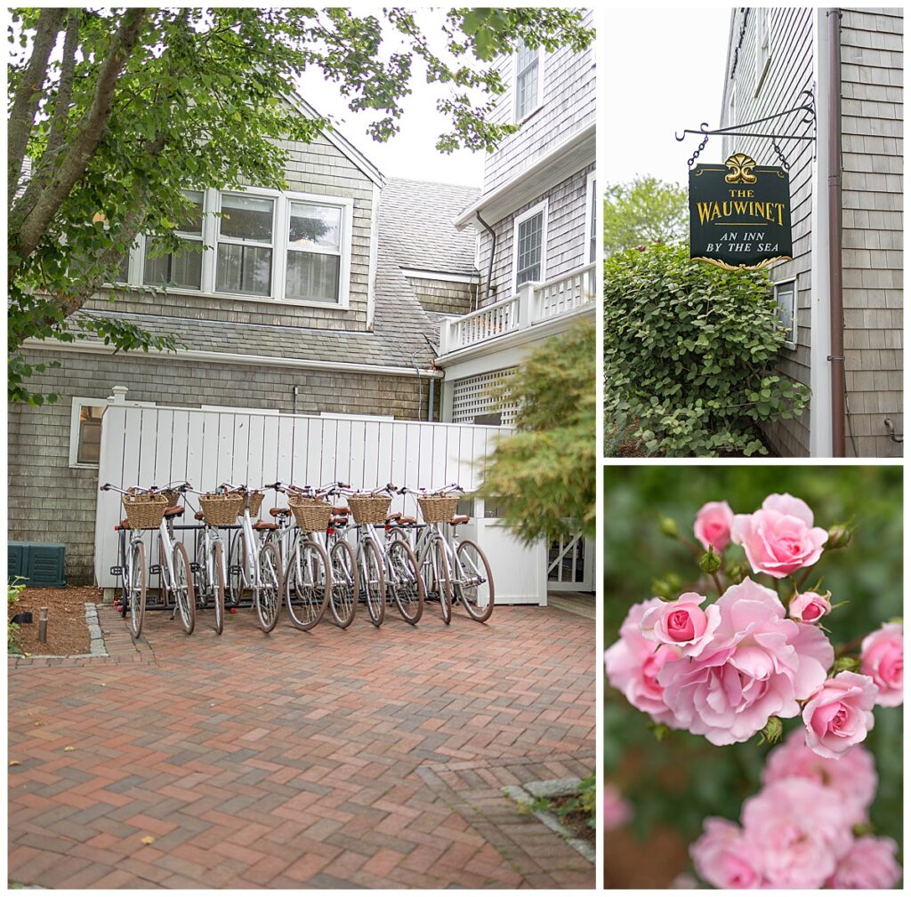 Scenes outside the entrance to The Wauwinet in Nantucket, including vintage bicycles, pink climbing roses,
