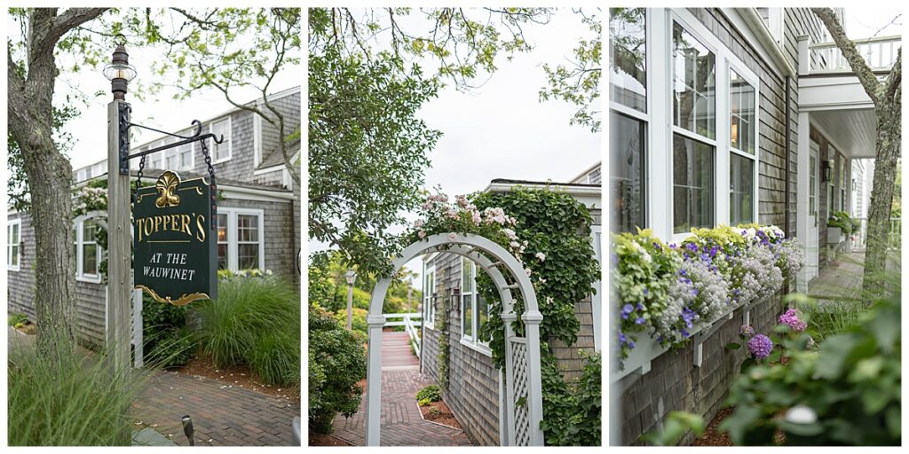 Outside views of The Wauwinet luxury oceanside resort including purple and pink flowers, an archway leading to the ocean path and towards the restaurant Toppers.