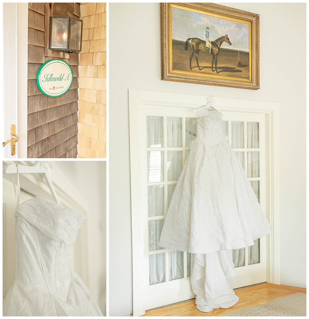 Bridal getting ready suite at The Wauwinet luxury oceanside resort in Nantucket. White wedding dress hanging on the wall.