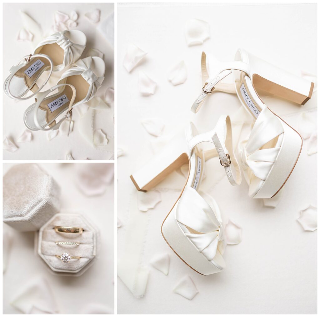 Jimmy Choo shoes, 3 wedding bands on display for bridal details at a Nantucket wedding at The Wauwinet.