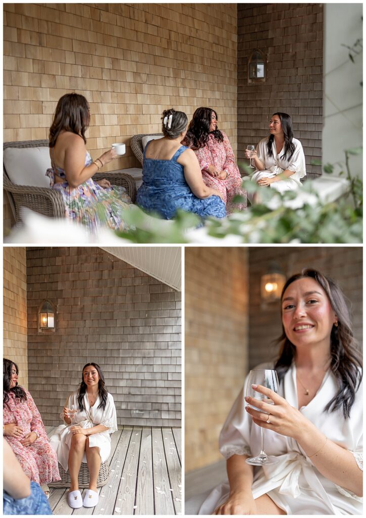Bride and her sisters and mother sitting outside drinking some mimosas getting ready for her wedding at suite at The Wauwinet in Nantucket.