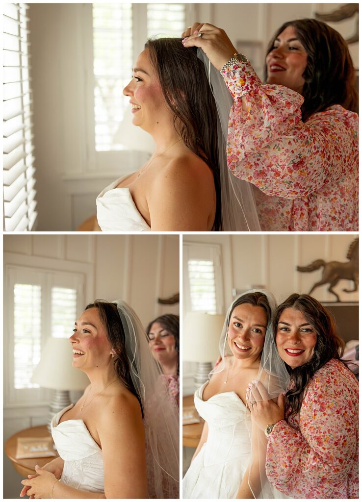 Bride getting help from her sister putting on her veil at the Bridal suite at The Wauwinet in Nantucket.