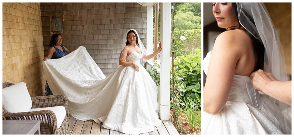 Mother helping her daughter getting ready and buttoning up her dress at The Wauwinet in Nantucket.