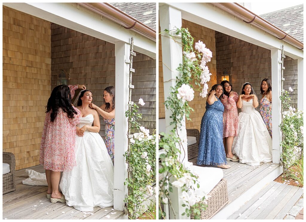 Bride and her sisters and Mom getting ready at The Wauwinet in Nantucket on her wedding day.