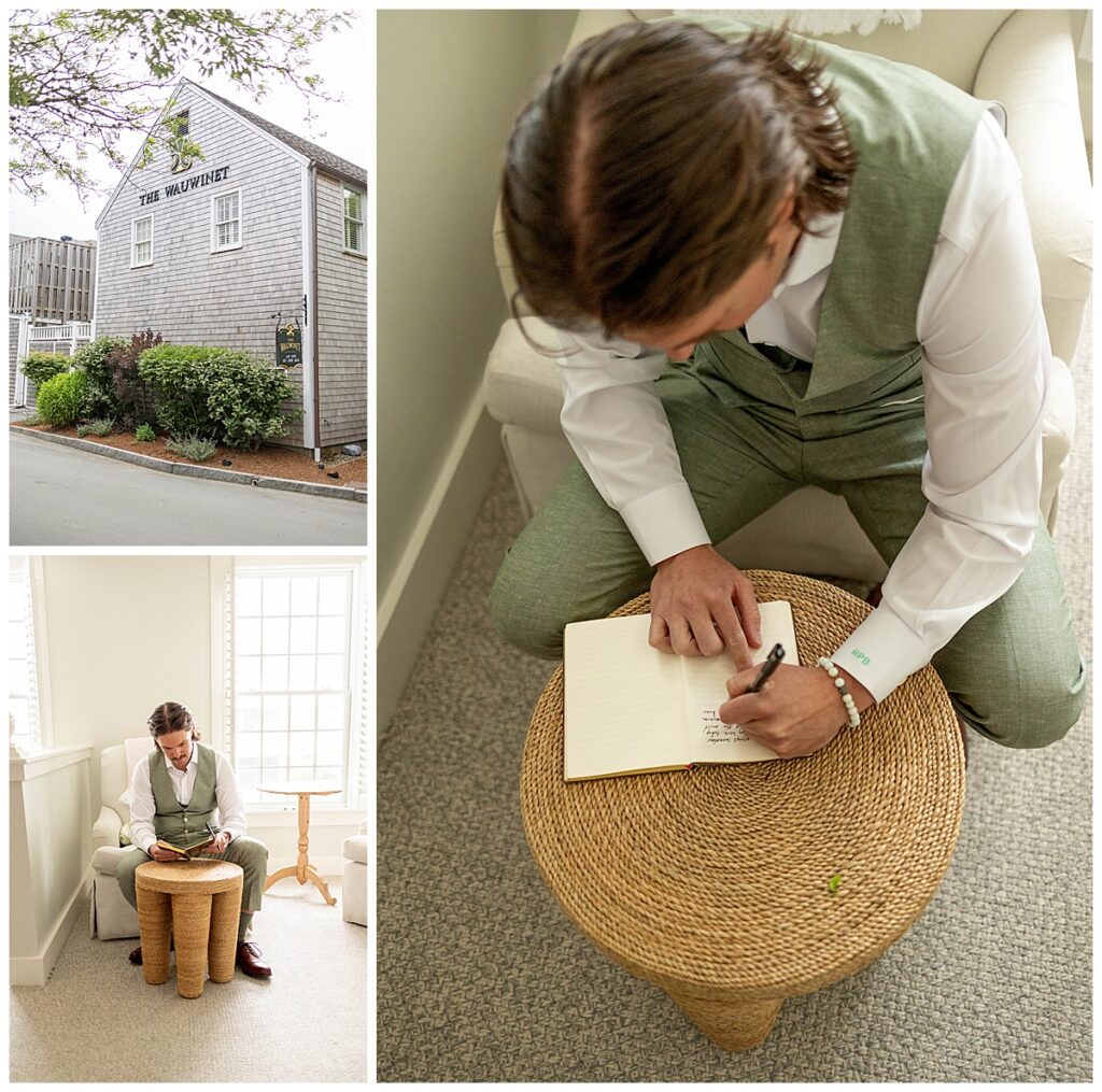 Groom writing his vows at the Bridal Suite at The Wauwinet in Nantucket.