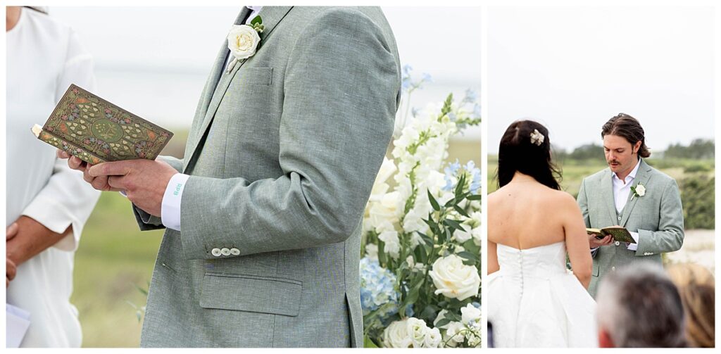 Bride and Groom reading vows on the Zen Deck at The Wauwinet in Nantucket.