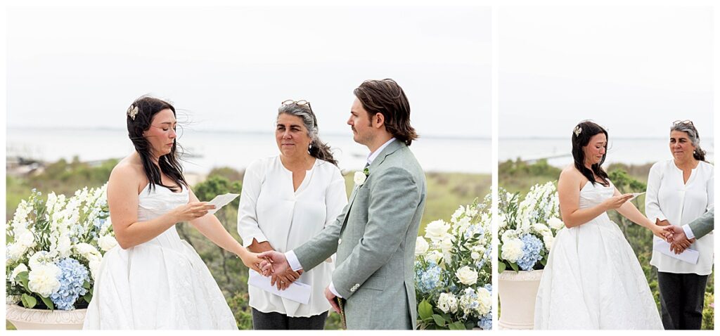 Bride tearfully saying her vow on the Zen Deck at The Wauwinet in Nantucket on their wedding day.