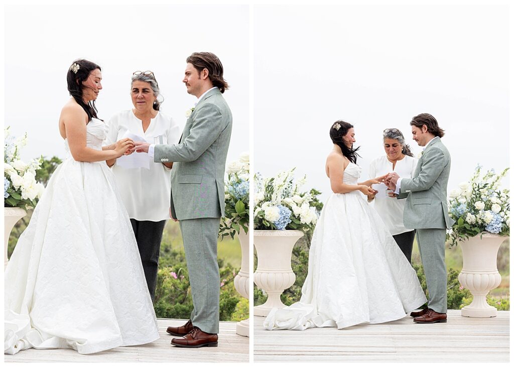 Bride and Groom exchanging rings on the Zen Deck at The Wauwinet in Nantucket.