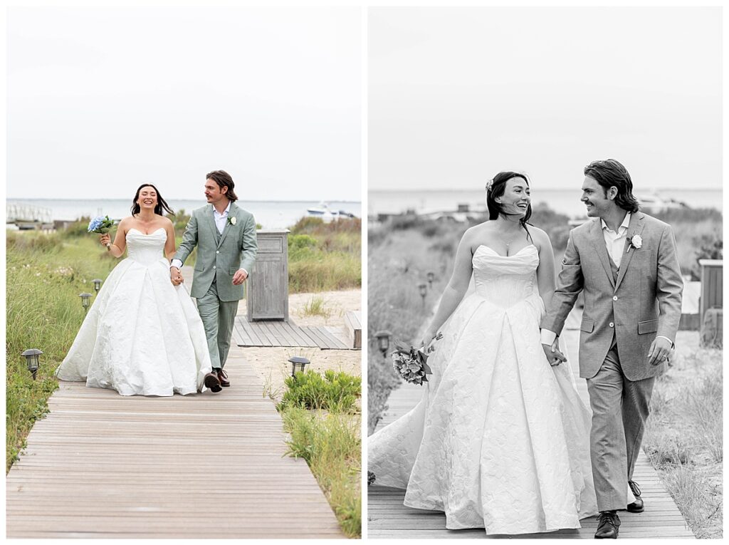 Bride and Groom walk hand in hand down the boardwalk at The Wauwinet in Nantucket.