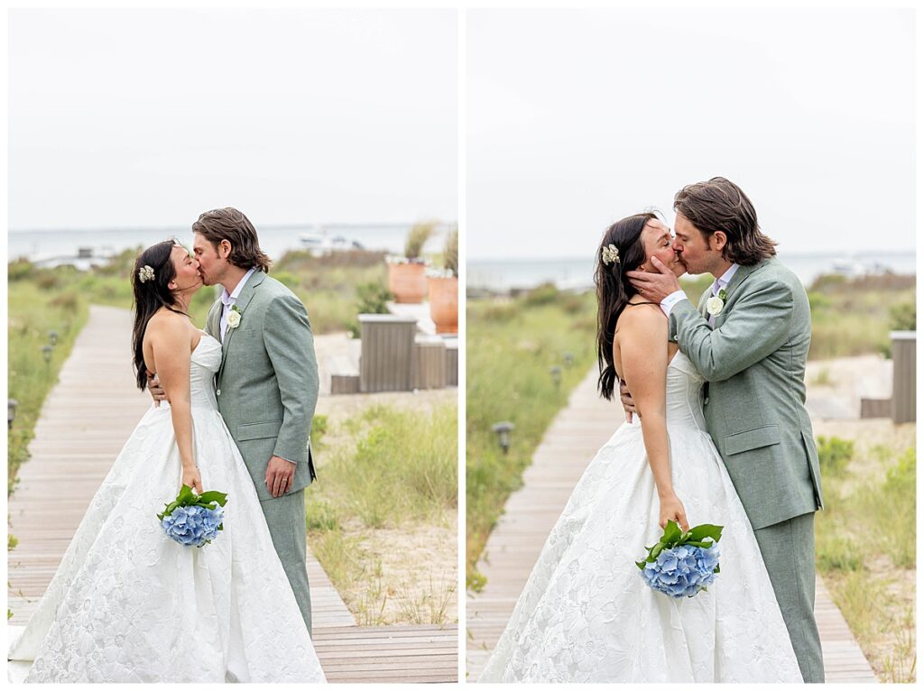Bride and Groom share a kiss on the boardwalk over looking the ocean at their wedding at The Wauwinet in Nantucket.