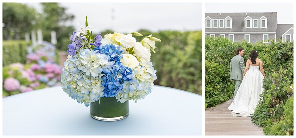 Bride and Groom walk hand in hand up towards The Wauwinet after being by the ocean on their wedding day in Nantucket.