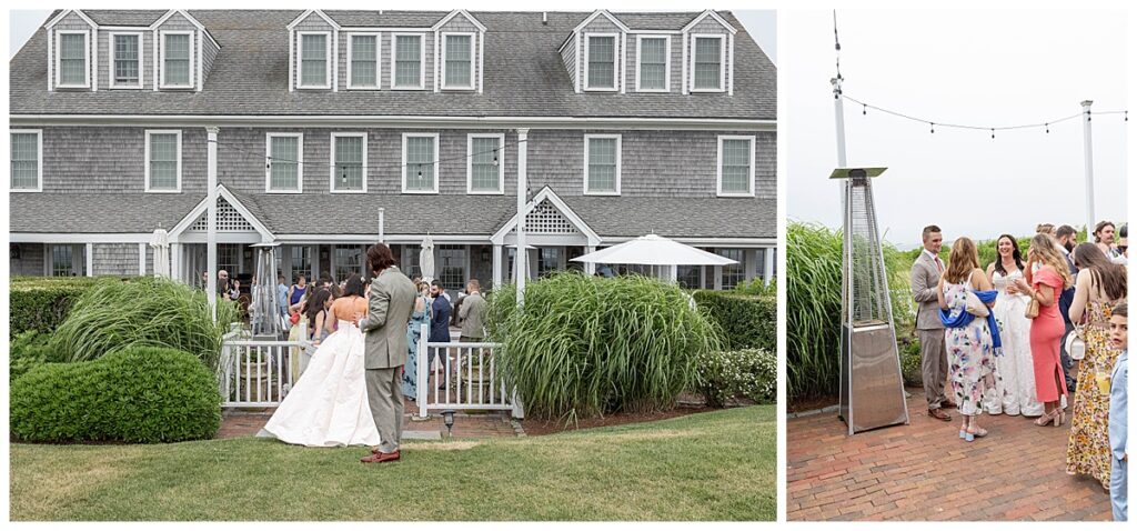 Bride and Groom wedding reception at The Wauwinet in Nantucket in June on a cloudy day.