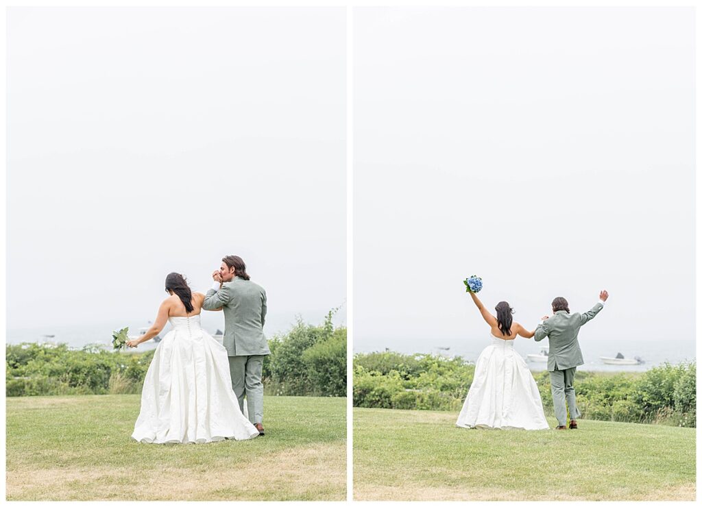 Bride and Groom share some romantic moments on the lawn of The Wauwinet in Nantucket on their wedding day.