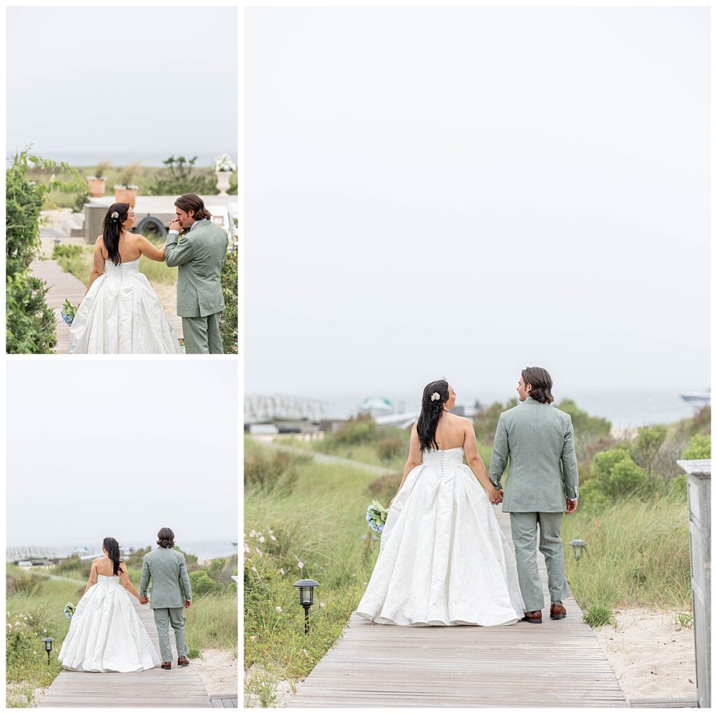 Bride and Groom walk lovingly hand in hand down the boardwalk at The Wauwinet on their wedding day in Nantucket.