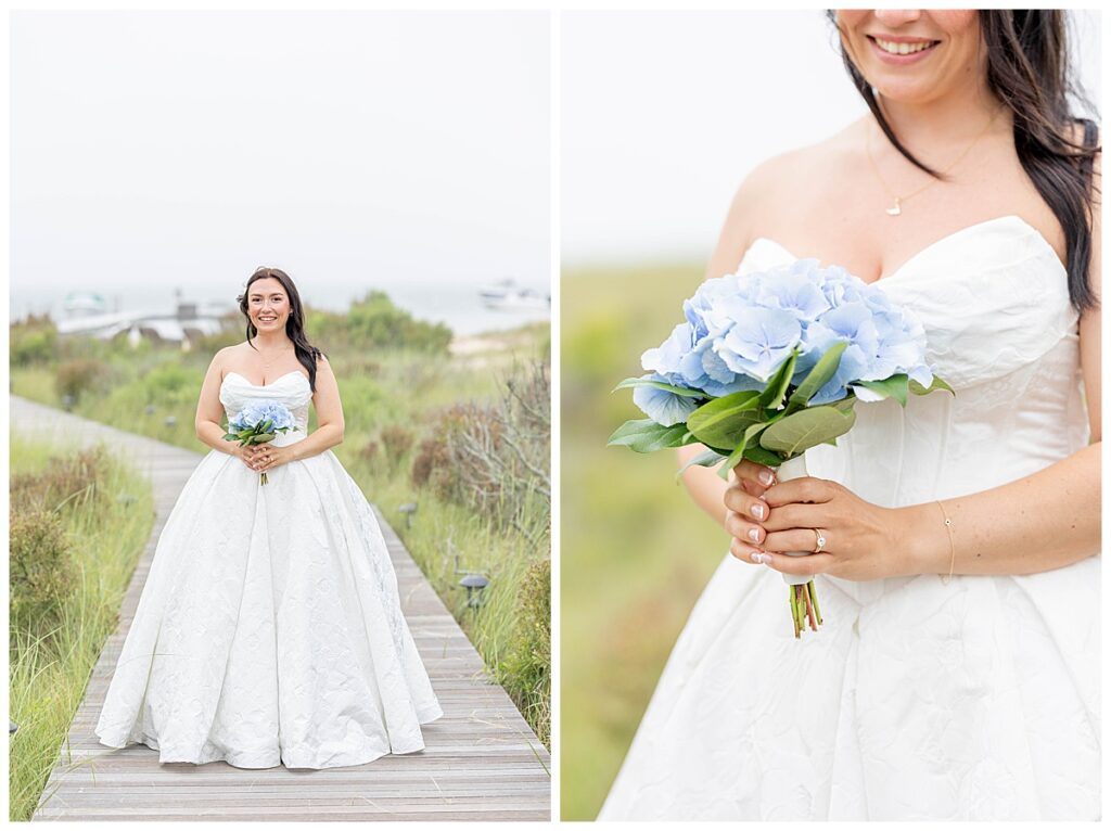 Bridal portraits while standing on the boardwalk of the Wauwinet in Nantucket.