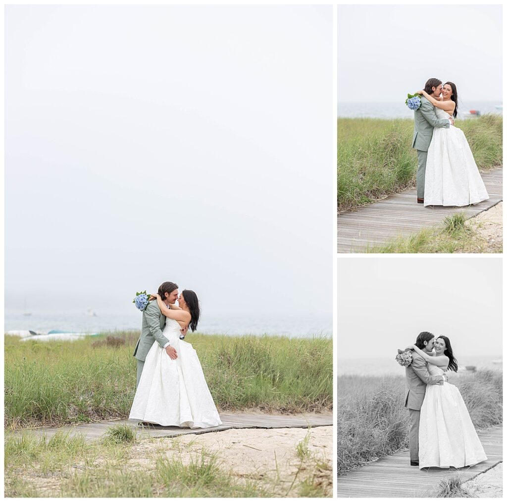 Bride and Groom holding one another on the boardwalk at The Wauwinet in Nantucket.